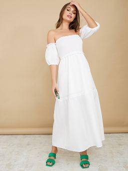 Styli - Off Shoulder Shirred Detail Tiered Maxi Dress
